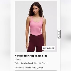 NWOT lululemon cropped ribbed tank top - Candy Cloud Pink sz S